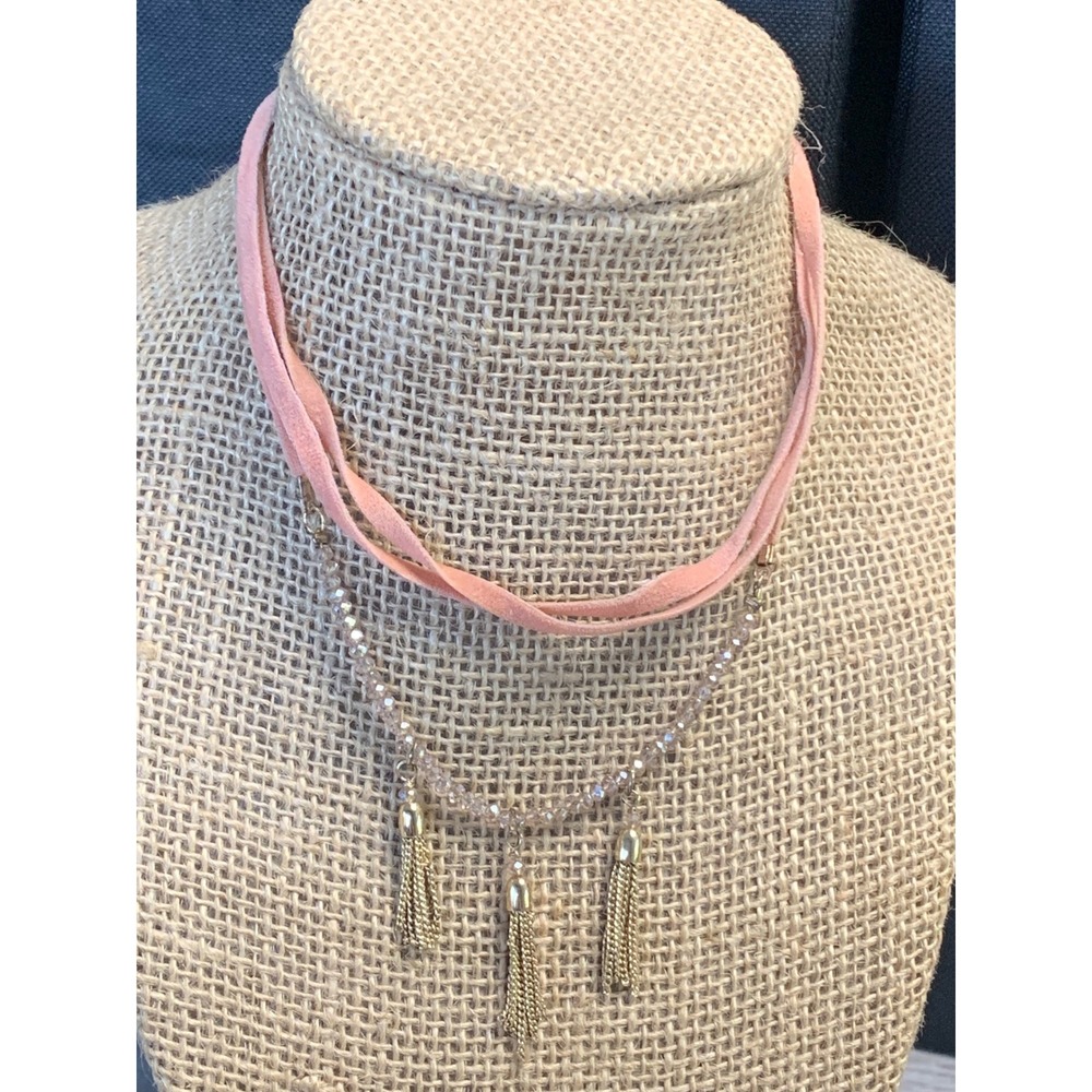 Pink Faux Suede Wrap Choker Necklace Gold Tassel Beaded Layered Boho 12in